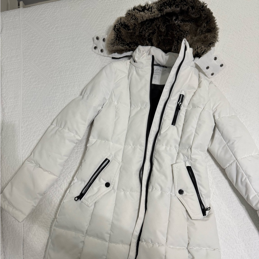 Women's White Quilted Coat with Faux Fur Hood